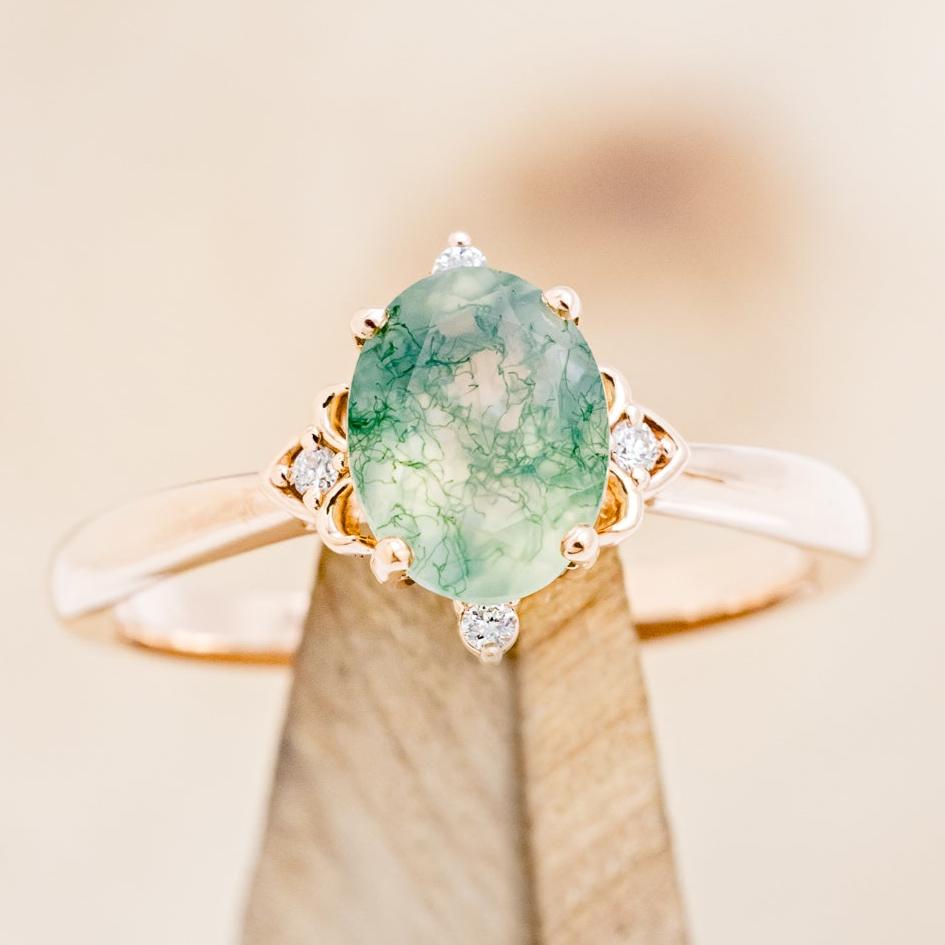 "ZELLA" - OVAL MOSS AGATE ENGAGEMENT RING WITH DIAMOND ACCENTS-7