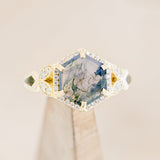 "LUCY IN THE SKY" - HEXAGON MOSS AGATE ENGAGEMENT RING WITH DIAMOND HALO & MOSS INLAYS - READY TO SHIP