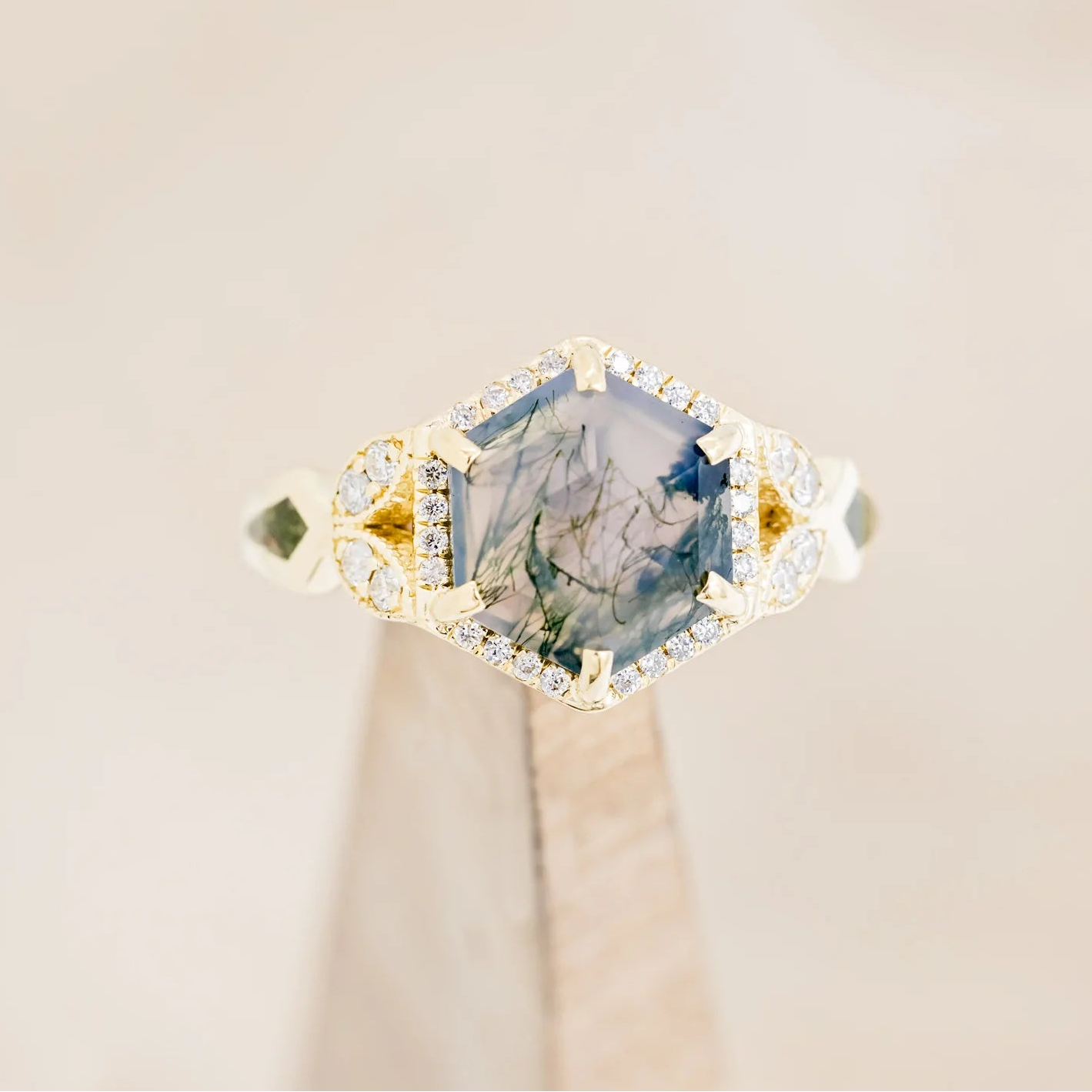 "LUCY IN THE SKY" - HEXAGON MOSS AGATE ENGAGEMENT RING WITH DIAMOND HALO, MOSS INLAYS & DIAMOND RING GUARD-44