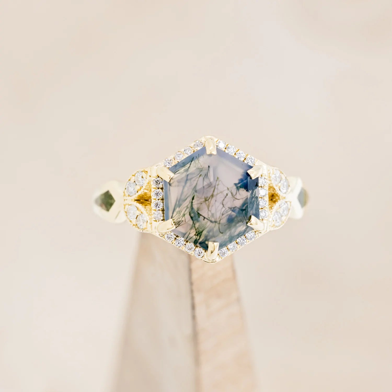 "LUCY IN THE SKY" - HEXAGON MOSS AGATE ENGAGEMENT RING WITH DIAMOND HALO, MOSS INLAYS & DIAMOND RING GUARD-44