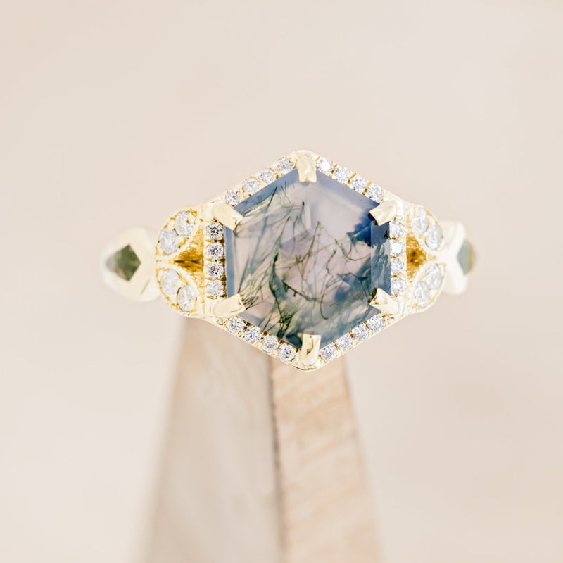 "LUCY IN THE SKY" - HEXAGON MOSS AGATE ENGAGEMENT RING WITH DIAMOND HALO & MOSS INLAYS