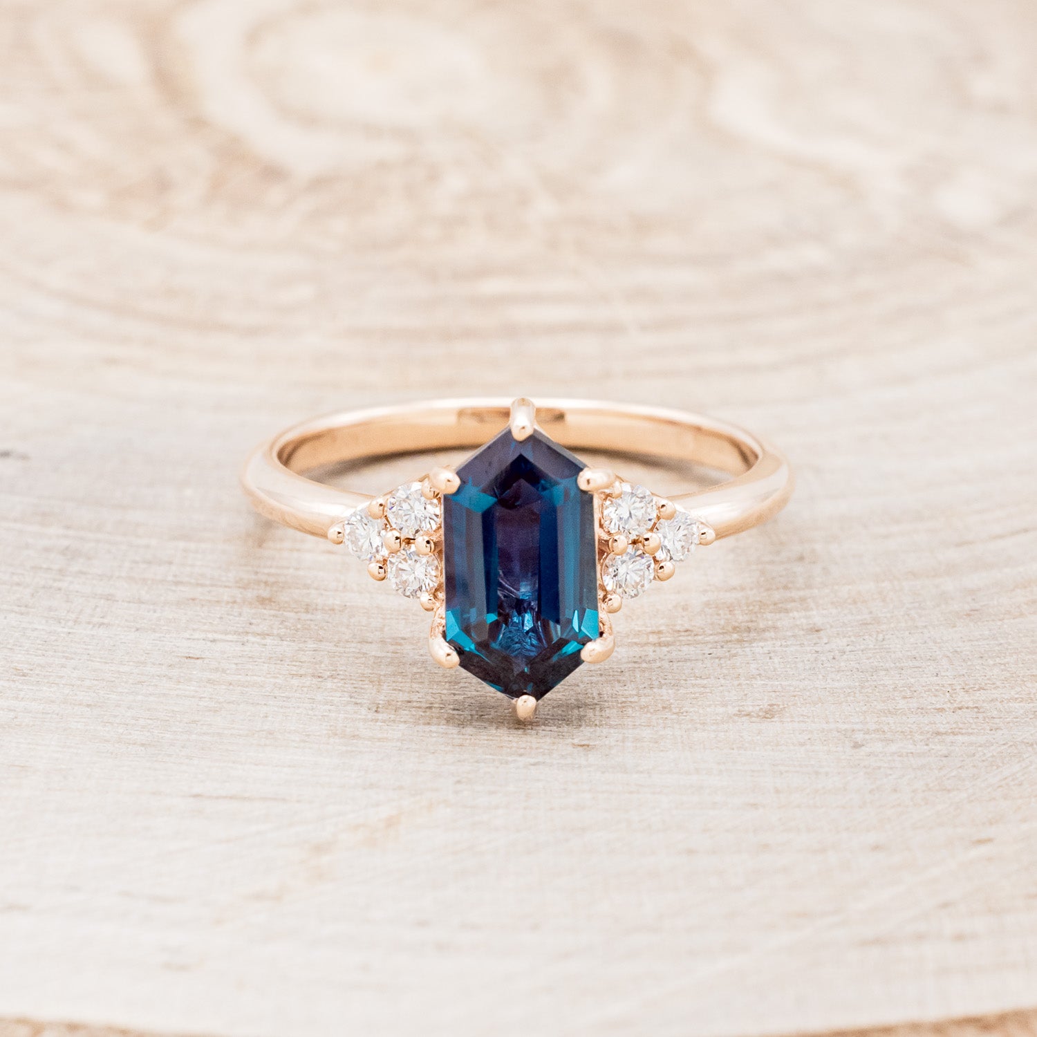 "OCTAVIA" - ELONGATED HEXAGON LAB-GROWN ALEXANDRITE ENGAGEMENT RING WITH DIAMOND ACCENTS-4