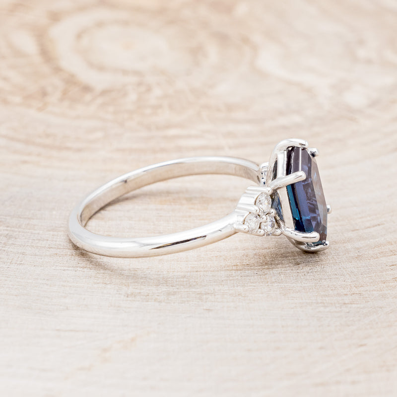 "OCTAVIA" - ELONGATED HEXAGON LAB-GROWN ALEXANDRITE ENGAGEMENT RING WITH DIAMOND ACCENTS