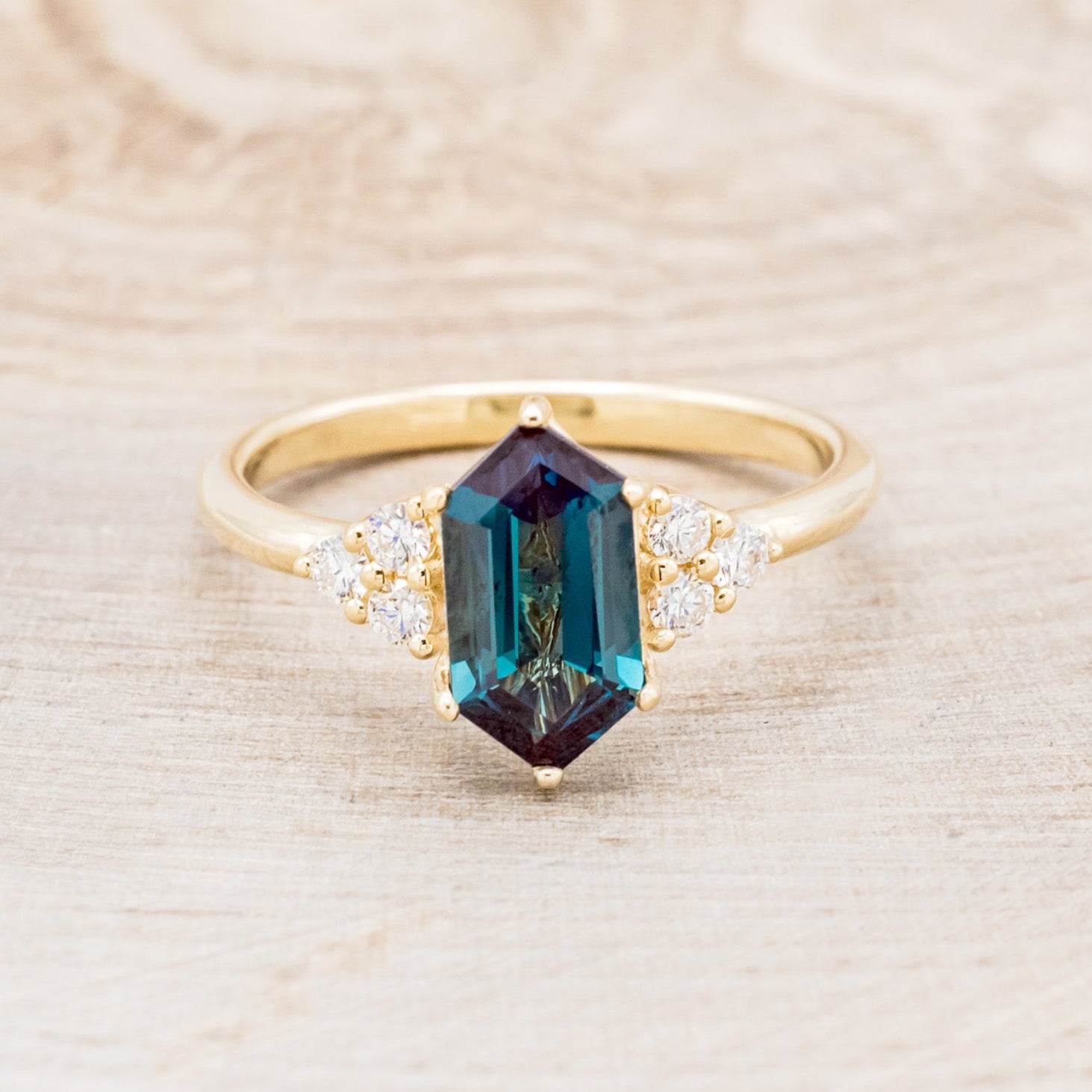 "OCTAVIA" - ELONGATED HEXAGON LAB-GROWN ALEXANDRITE ENGAGEMENT RING WITH DIAMOND ACCENTS-10