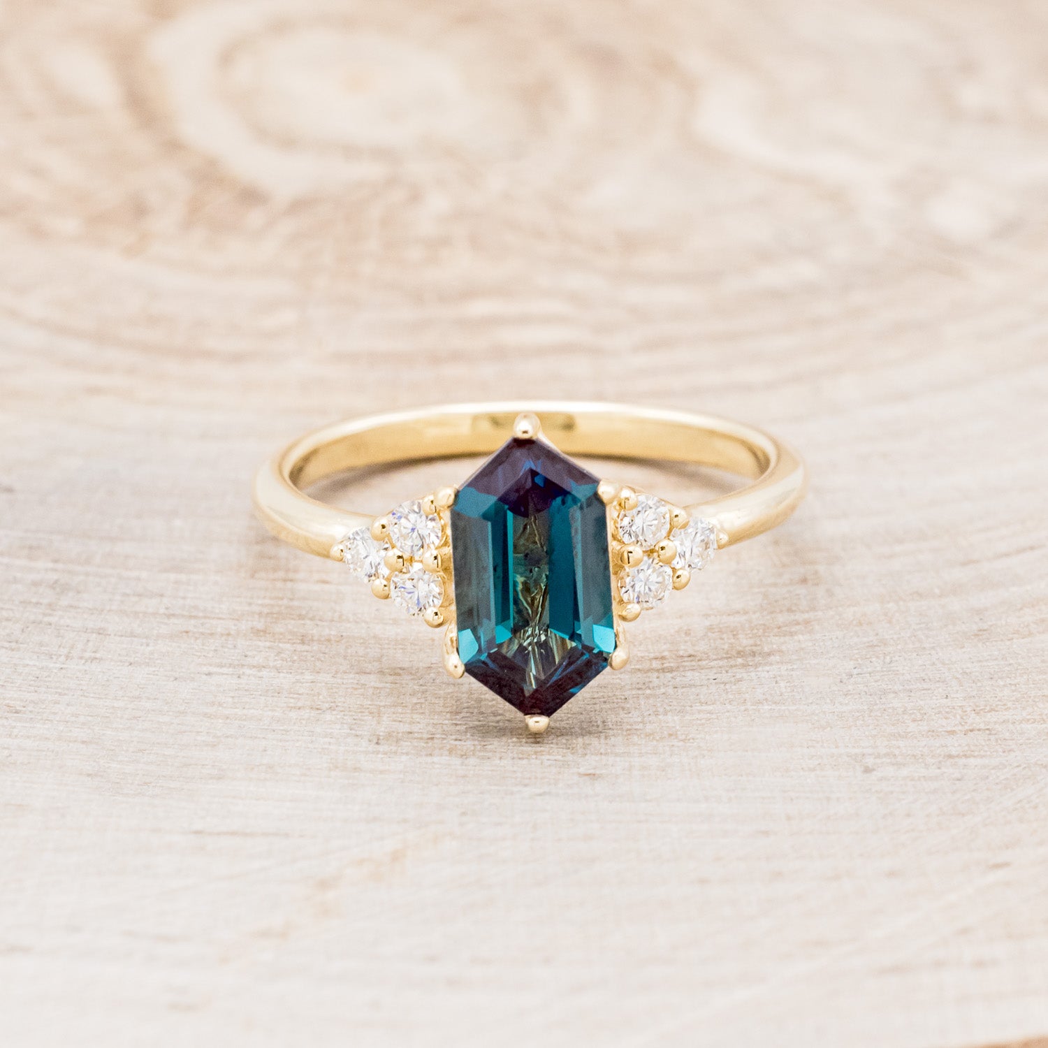 "OCTAVIA" - ELONGATED HEXAGON LAB-GROWN ALEXANDRITE ENGAGEMENT RING WITH DIAMOND ACCENTS-10