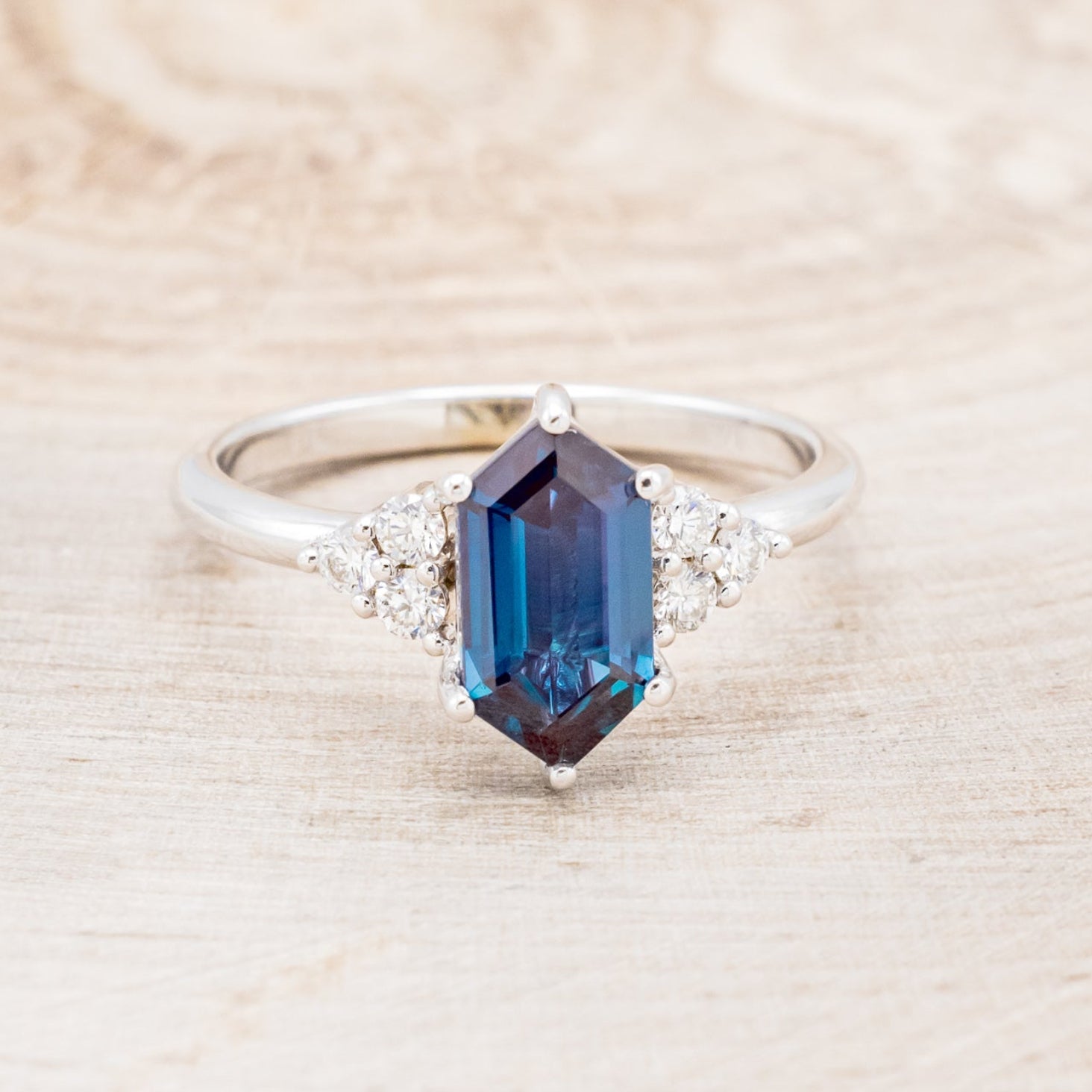 "OCTAVIA" - ELONGATED HEXAGON LAB-GROWN ALEXANDRITE ENGAGEMENT RING WITH DIAMOND ACCENTS-16
