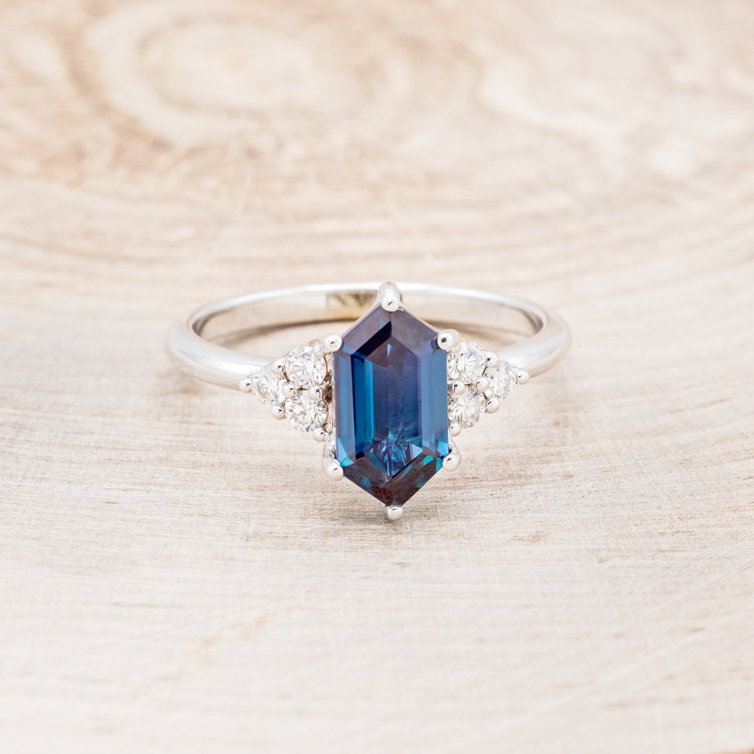 "OCTAVIA" - ELONGATED HEXAGON LAB-GROWN ALEXANDRITE ENGAGEMENT RING WITH DIAMOND ACCENTS-16