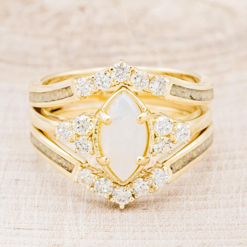 "RAYA" - MARQUISE OPAL ENGAGEMENT RING WITH DIAMOND ACCENTS & FIRE & ICE OPAL INLAY RING GUARD