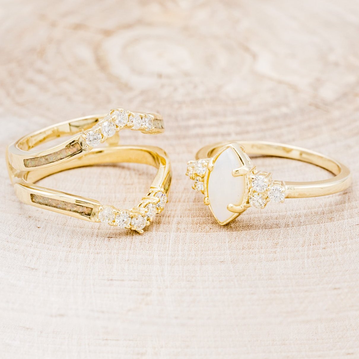 "RAYA" - MARQUISE OPAL ENGAGEMENT RING WITH DIAMOND ACCENTS & FIRE & ICE OPAL INLAY RING GUARD-6