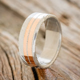 DAMASCUS STEEL & TWO 14K GOLD INLAYS WEDDING BAND