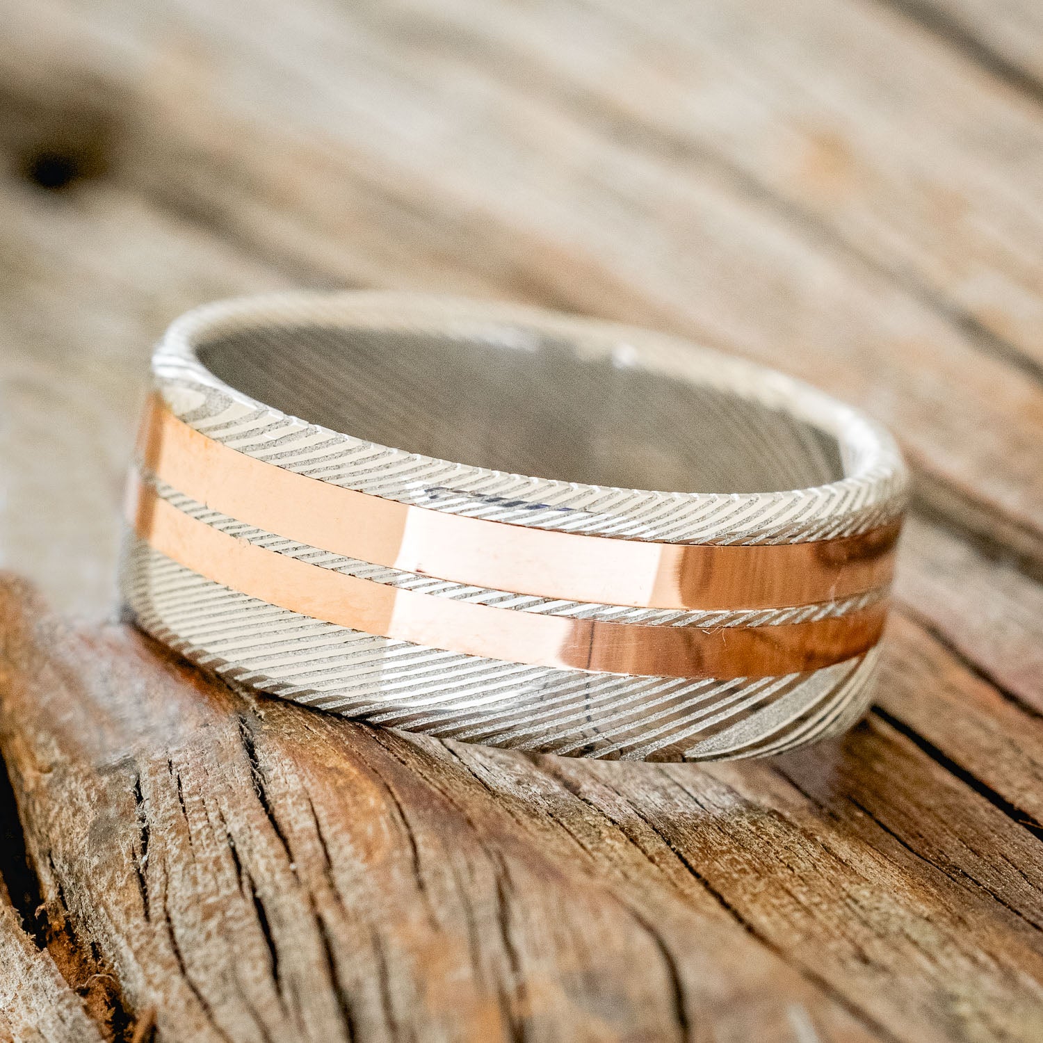 DAMASCUS STEEL & TWO 14K GOLD INLAYS WEDDING BAND-2