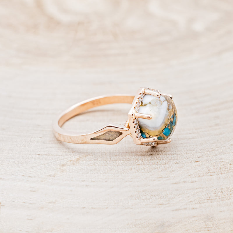 "CRAZY ON YOU" - HEXAGON SPINY OYSTER TURQUOISE ENGAGEMENT RING WITH DIAMOND HALO & FIRE AND ICE OPAL INLAYS-8