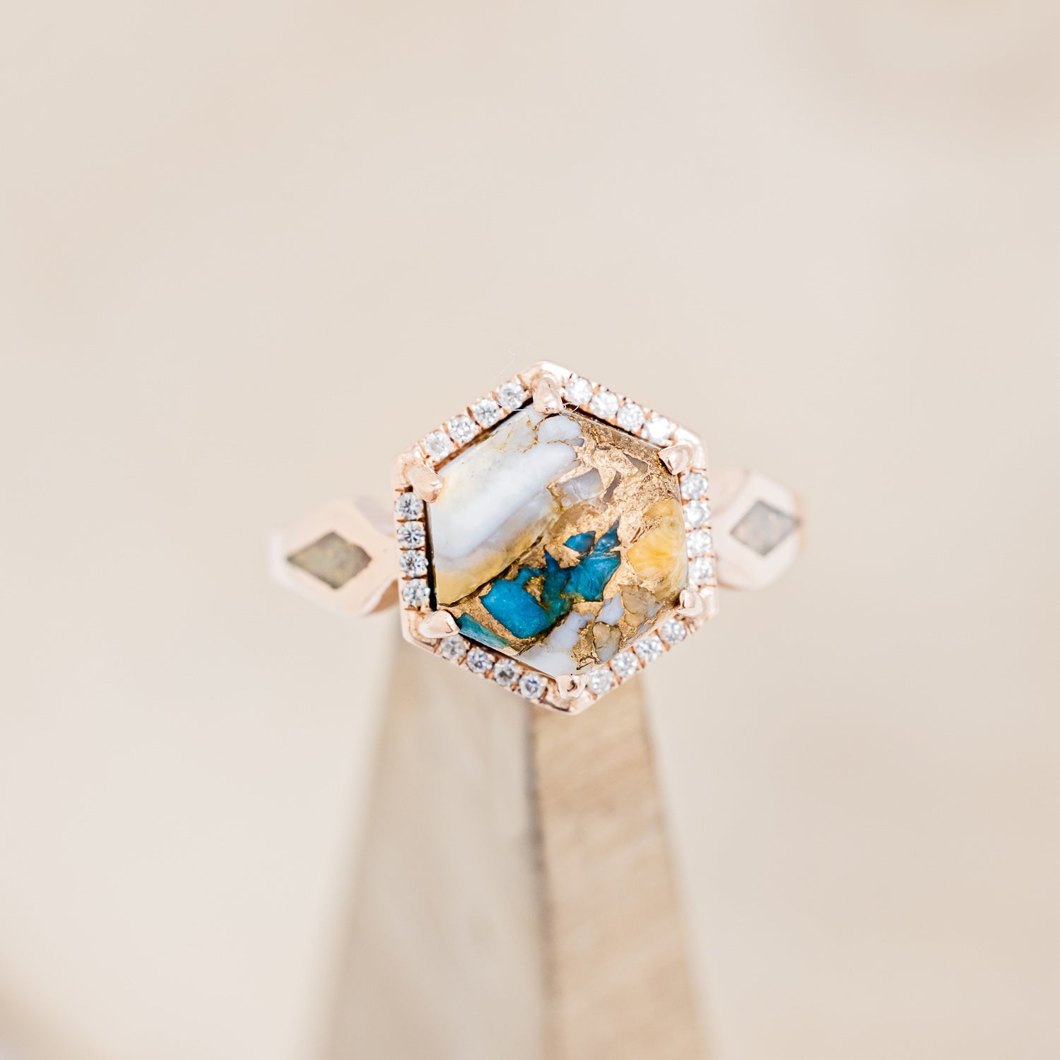 "CRAZY ON YOU" - HEXAGON SPINY OYSTER TURQUOISE ENGAGEMENT RING WITH DIAMOND HALO & FIRE AND ICE OPAL INLAYS-7