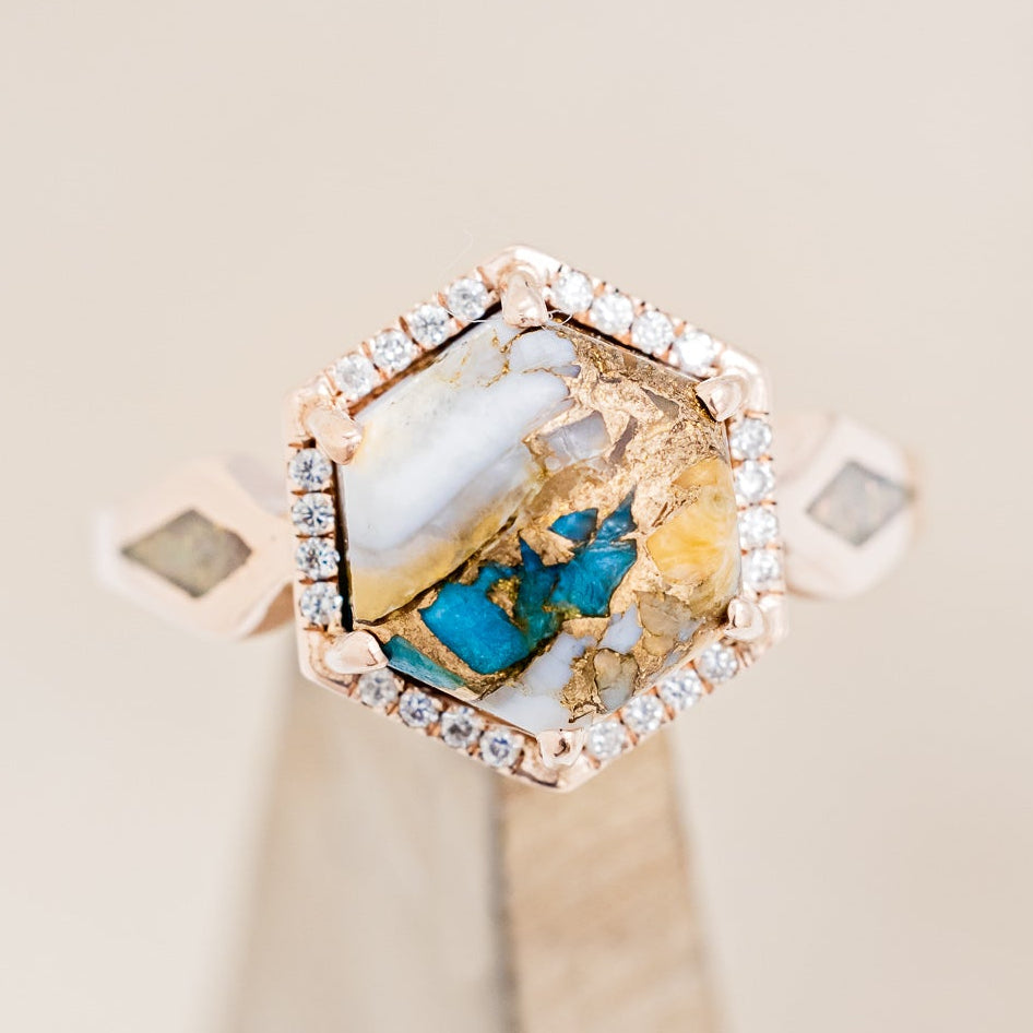 "CRAZY ON YOU" - HEXAGON SPINY OYSTER TURQUOISE ENGAGEMENT RING WITH DIAMOND HALO & FIRE AND ICE OPAL INLAYS-7