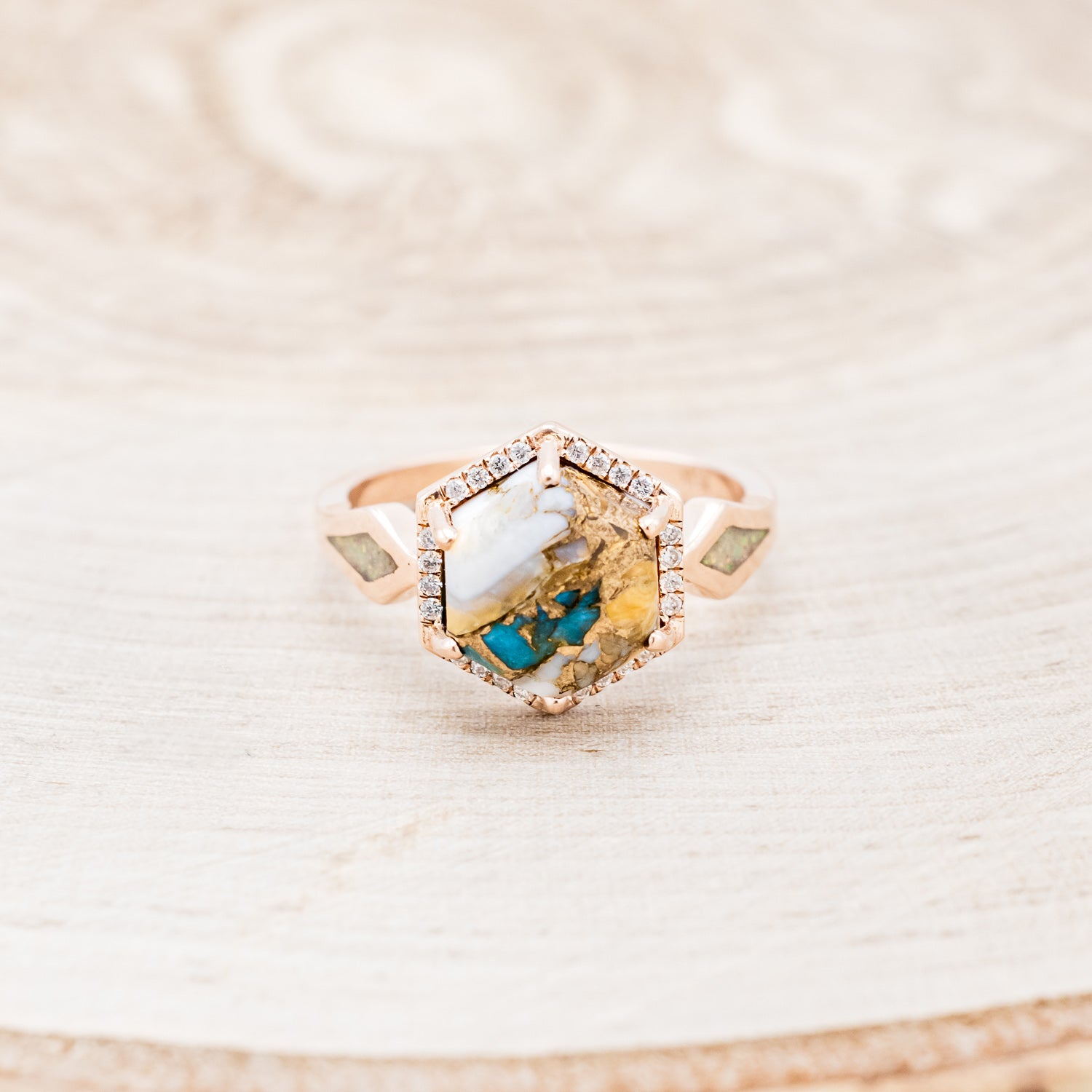 "CRAZY ON YOU" - HEXAGON SPINY OYSTER TURQUOISE ENGAGEMENT RING WITH DIAMOND HALO & FIRE AND ICE OPAL INLAYS-10