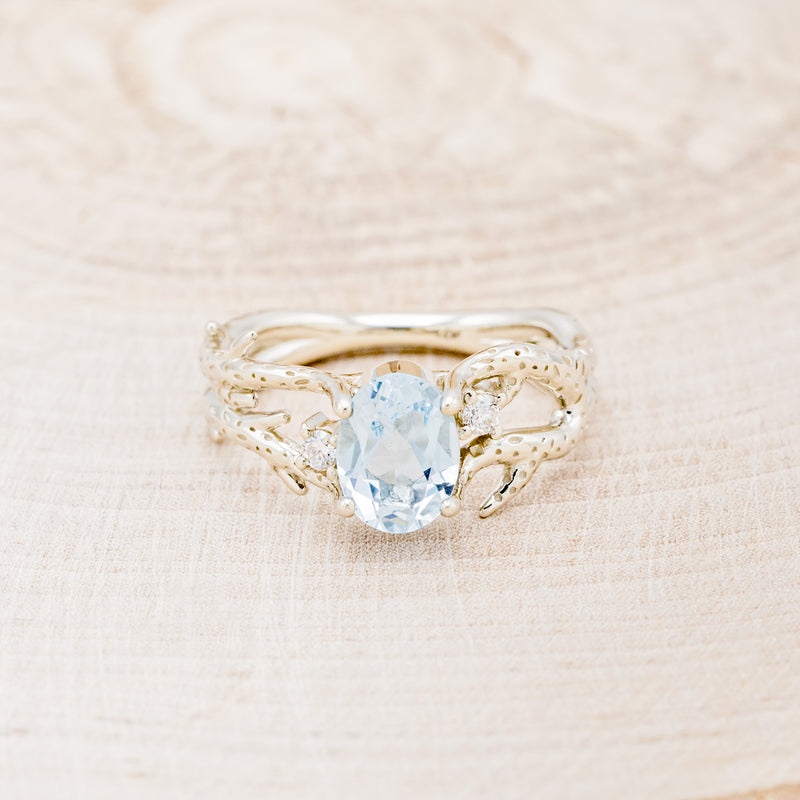 "ARTEMIS" - CORAL INSPIRED OVAL SKY BLUE TOPAZ ENGAGEMENT RING WITH DIAMOND ACCENTS