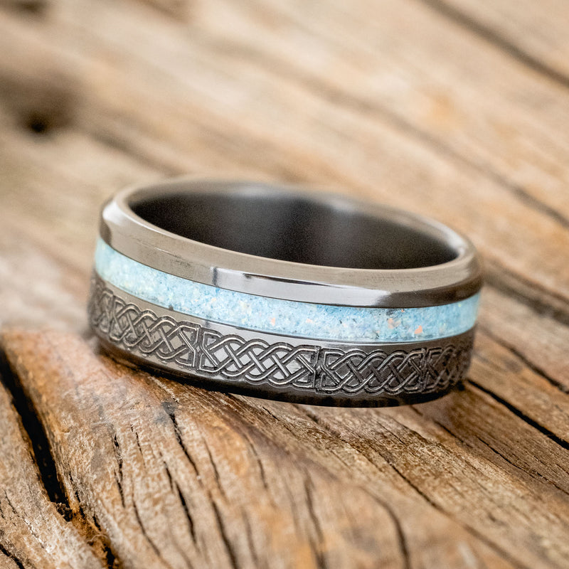 "VERTIGO" - CELTIC SAILOR'S KNOT ENGRAVED WITH TURQUOISE & OPAL MIX WEDDING RING-6