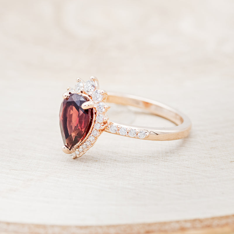 "LAVERNA LUX" - PEAR- SHAPED GARNET ENGAGEMENT RING WITH DIAMOND HALO & ACCENTS-3