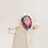 "LAVERNA LUX" - PEAR- SHAPED GARNET ENGAGEMENT RING WITH DIAMOND HALO & ACCENTS