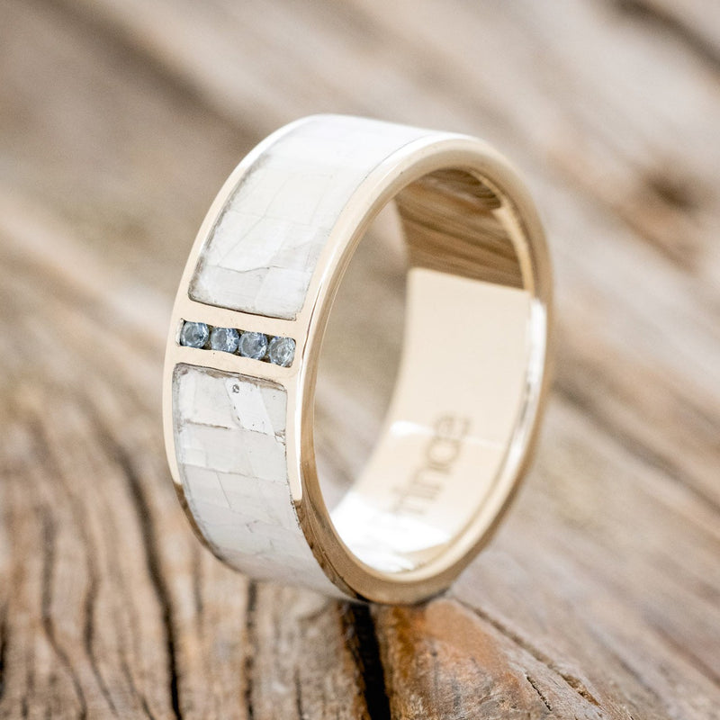 "CASPIAN" - MOTHER OF PEARL & AQUAMARINE WEDDING RING FEATURING A 14K GOLD BAND