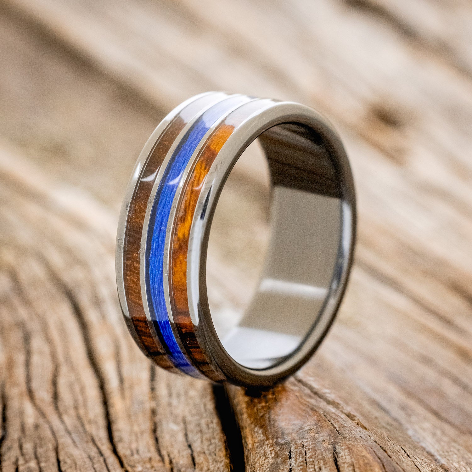 "RIO" - IRONWOOD & BLUE FISHING LINE WEDDING BAND-4