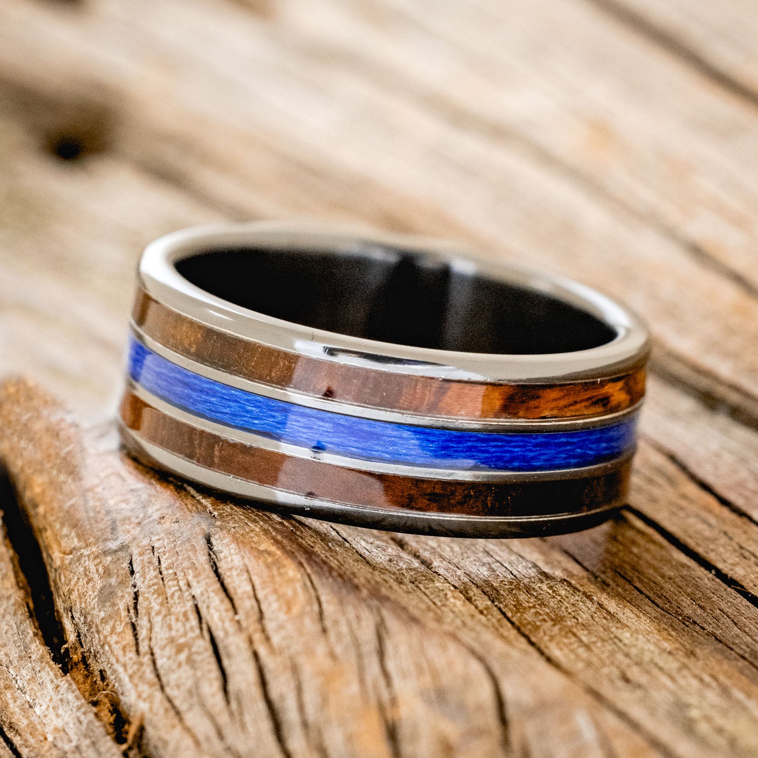 "RIO" - IRONWOOD & BLUE FISHING LINE WEDDING BAND-5