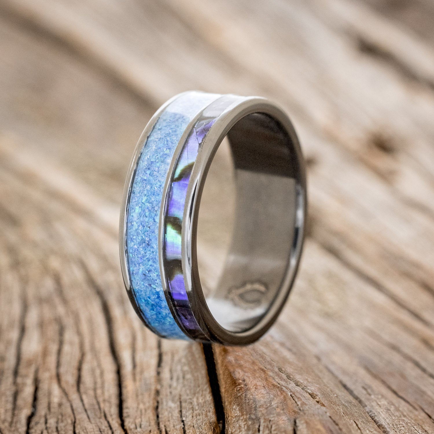 "RAPTOR" - PAUA SHELL & BLUE OPAL WEDDING BAND-4