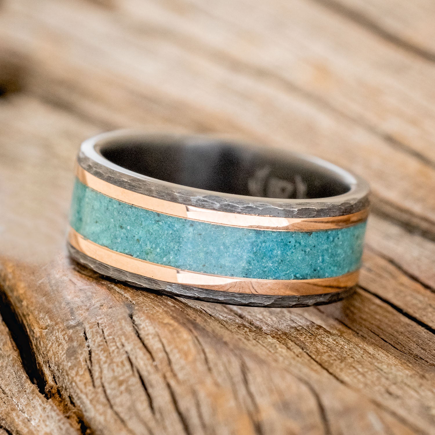 "HOLLIS" - CHRYSOCOLLA & 14K GOLD INLAYS WEDDING RING-2
