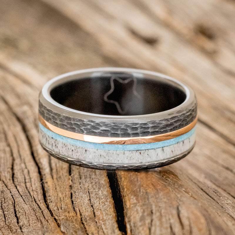 "TANNER" - ANTLER , TURQUOISE & 14K GOLD INLAY WEDDING RING FEATURING A HAMMERED BLACK ZIRCONIUM BAND