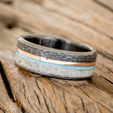"TANNER" - ANTLER , TURQUOISE & 14K GOLD INLAY WEDDING RING FEATURING A HAMMERED BLACK ZIRCONIUM BAND