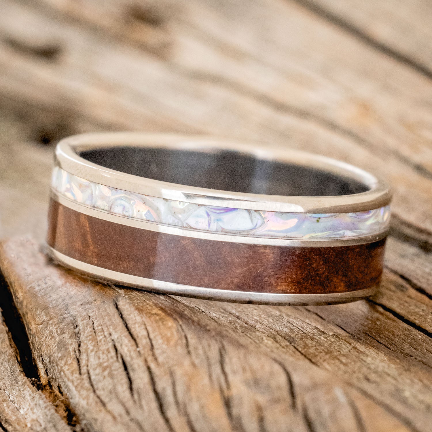 "RAPTOR" - KOA WOOD & PEARL BURL DICHROLAM INLAY WEDDING BAND-2