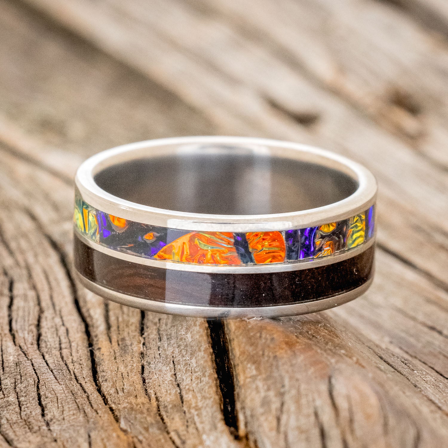 "DYAD" - KOA WOOD & RED BURL DICHROLAM WEDDING BAND-3