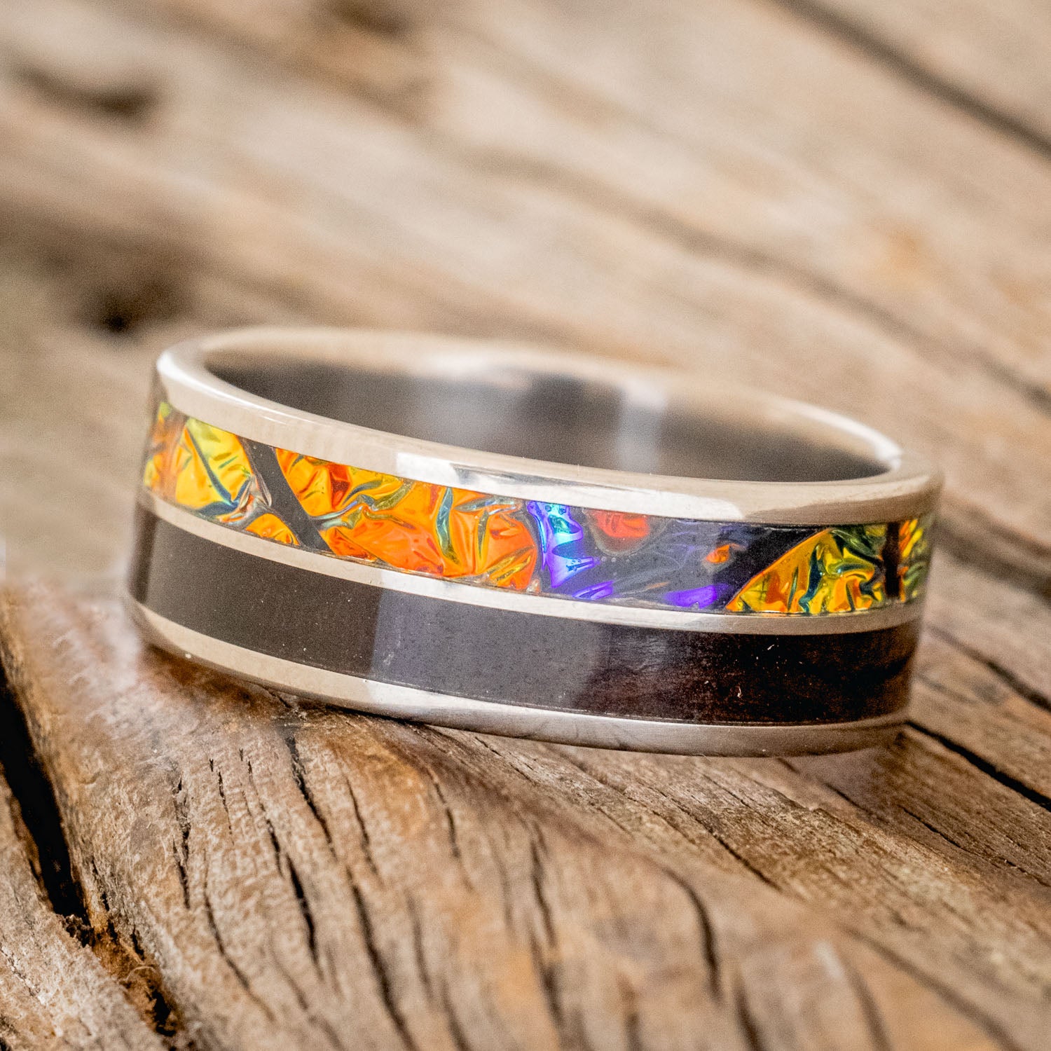 "DYAD" - KOA WOOD & RED BURL DICHROLAM WEDDING BAND-2