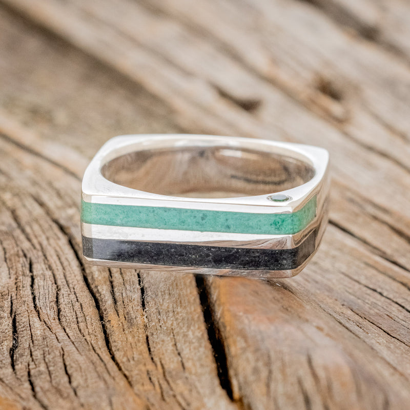 "VEGA" - FLAT TOP BLACK ONYX & MALACHITE WEDDING BAND WITH SIDE SET EMERALD-3