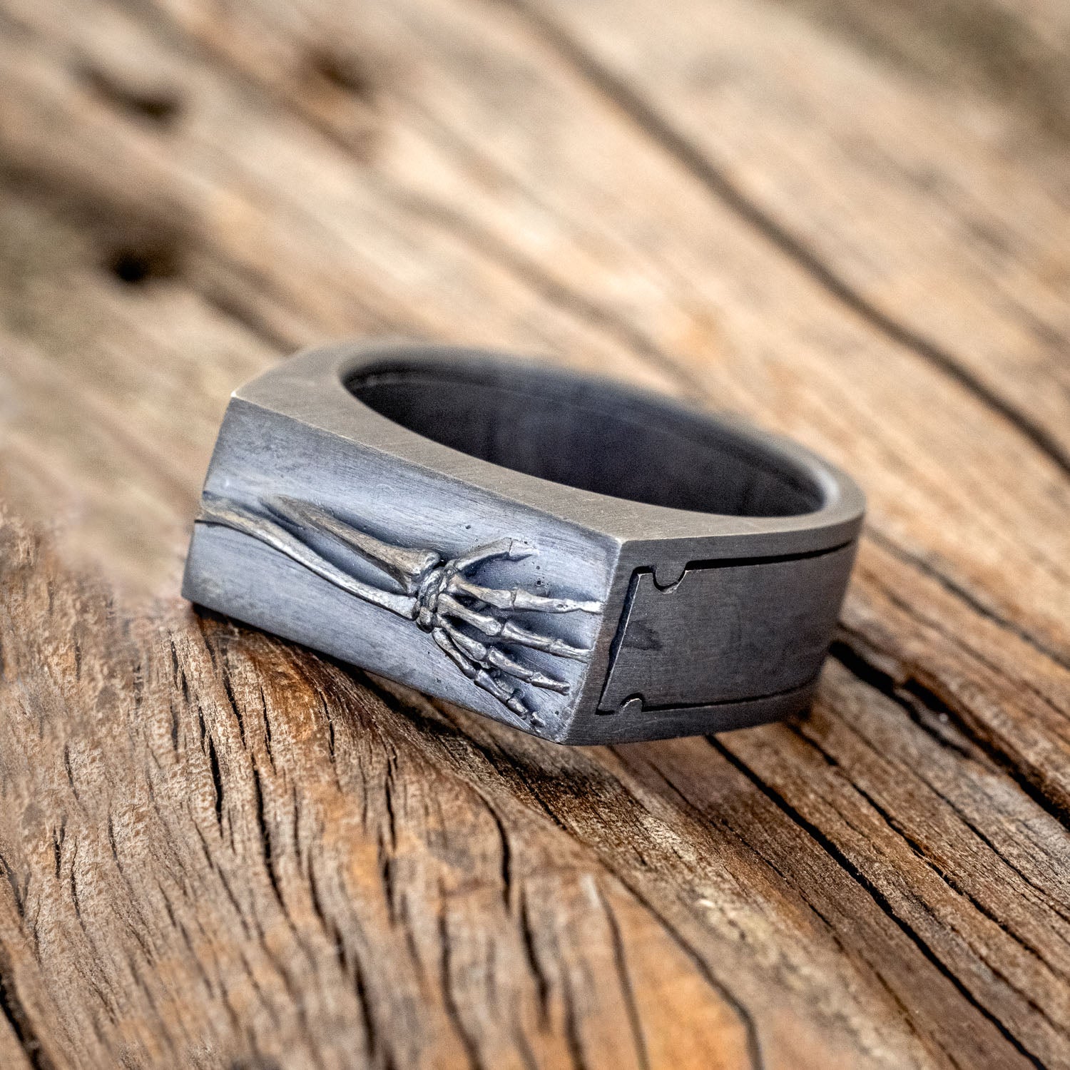 "HEMLOCK" - CUSTOM EMBOSSED SILVER POISON RING WITH A DARKNESS TREATMENT FINISH-2