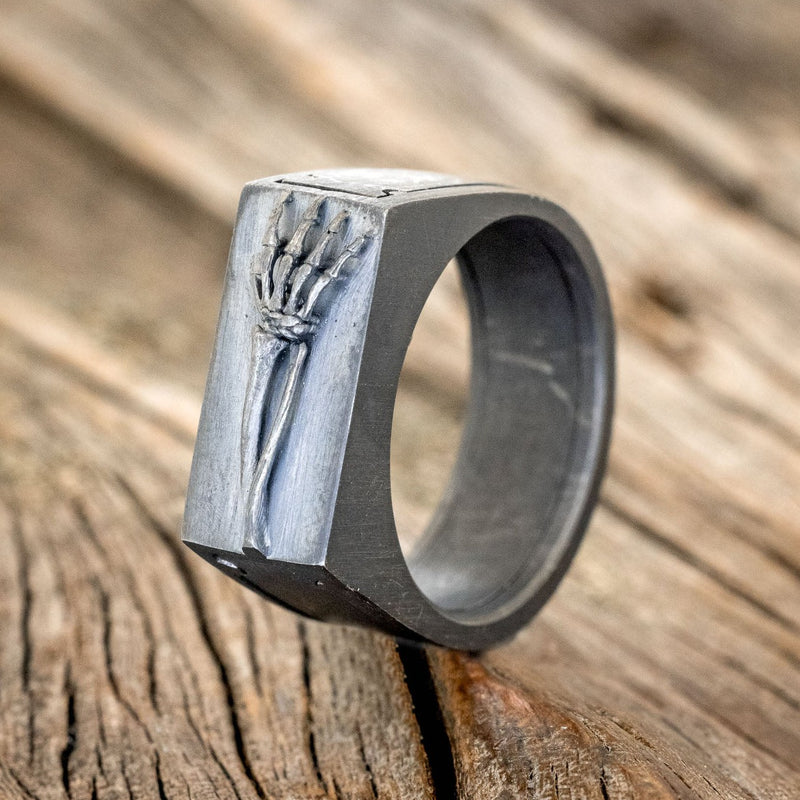 "HEMLOCK" - CUSTOM EMBOSSED SILVER POISON RING WITH A DARKNESS TREATMENT FINISH