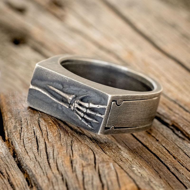 "HEMLOCK" - CUSTOM EMBOSSED SILVER POISON RING WITH A SANDBLASTED FINISH-2