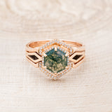 "CRAZY ON YOU" - BRIDAL SUITE - HEXAGON CUT MOSS AGATE ENGAGEMENT RING WITH DIAMOND HALO, WHISKEY BARREL CHARCOAL INLAYS & TRACERS