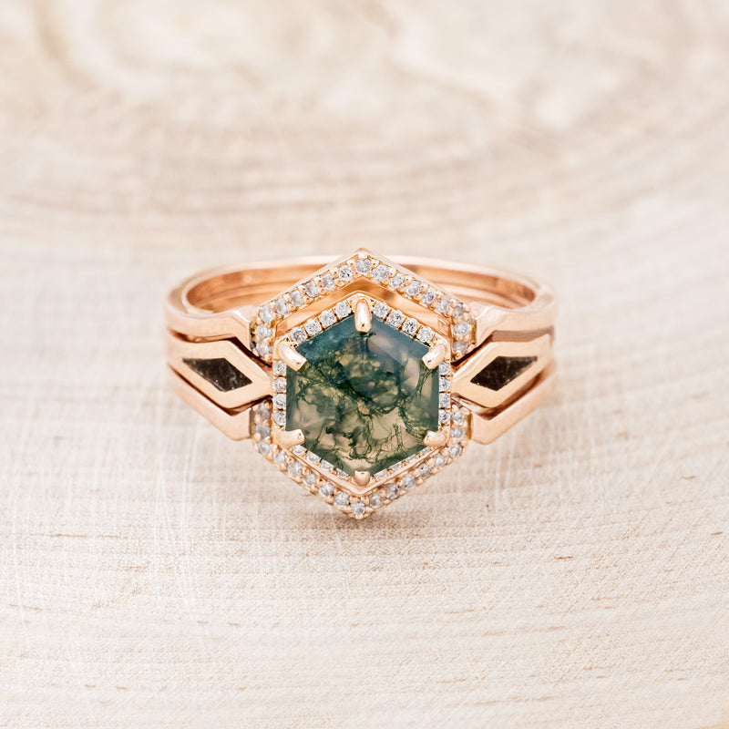 "CRAZY ON YOU" - BRIDAL SUITE - HEXAGON CUT MOSS AGATE ENGAGEMENT RING WITH DIAMOND HALO, WHISKEY BARREL CHARCOAL INLAYS & TRACERS-4