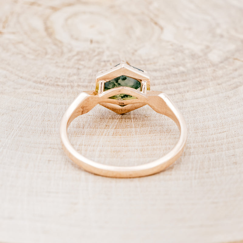 "CRAZY ON YOU" - BRIDAL SUITE - HEXAGON CUT MOSS AGATE ENGAGEMENT RING WITH DIAMOND HALO, WHISKEY BARREL CHARCOAL INLAYS & TRACERS-13