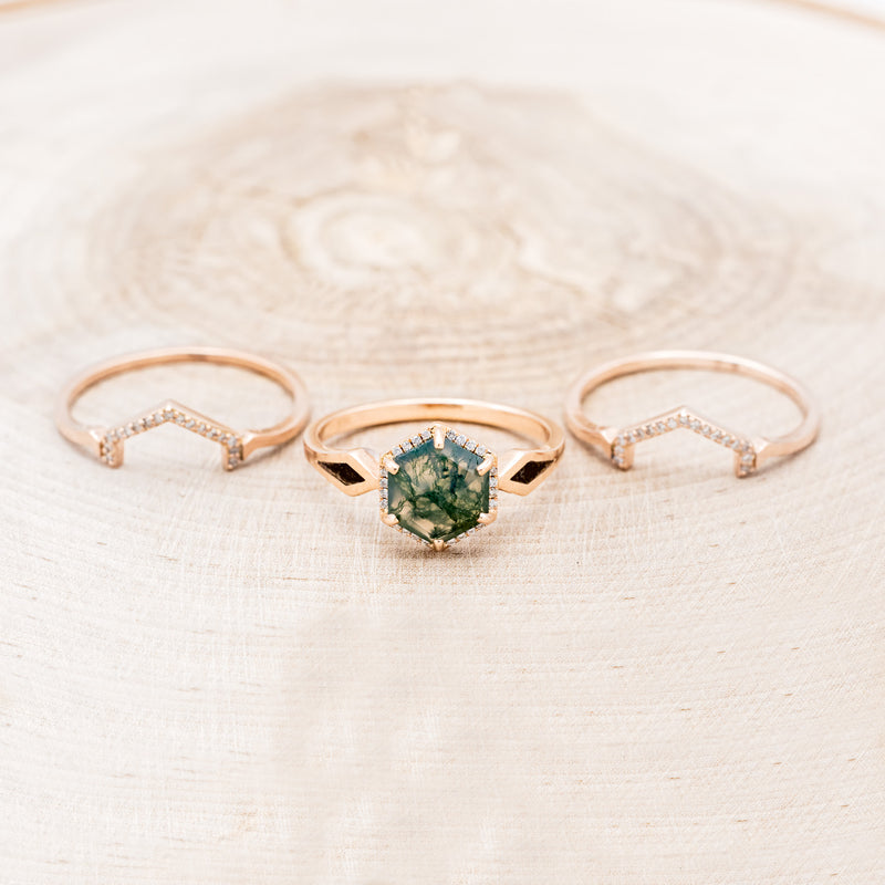 "CRAZY ON YOU" - BRIDAL SUITE - HEXAGON CUT MOSS AGATE ENGAGEMENT RING WITH DIAMOND HALO, WHISKEY BARREL CHARCOAL INLAYS & TRACERS