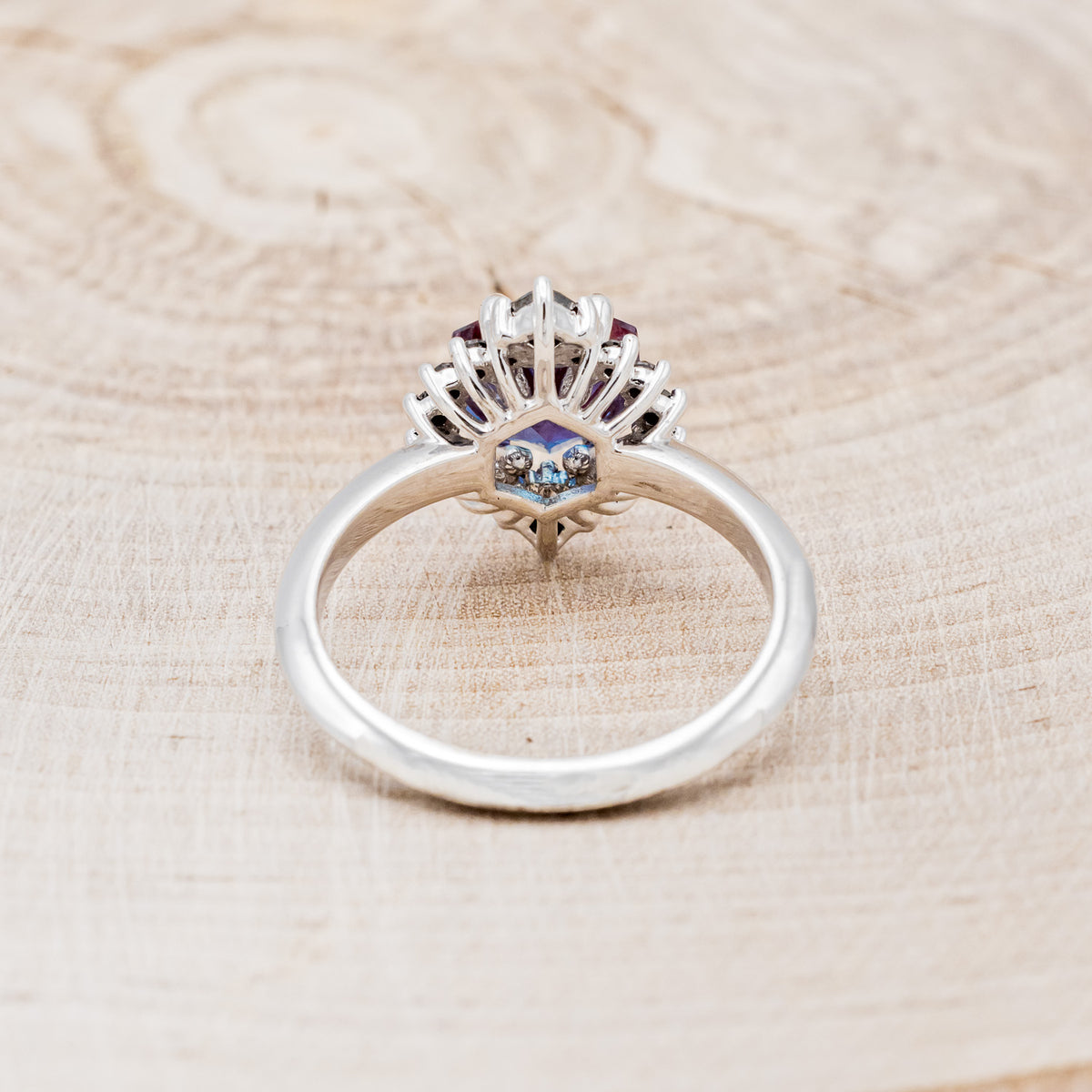"NEREZZA" - HEXAGON CUT LAB-GROWN ALEXANDRITE ENGAGEMENT RING WITH A BLACK DIAMOND HALO-6