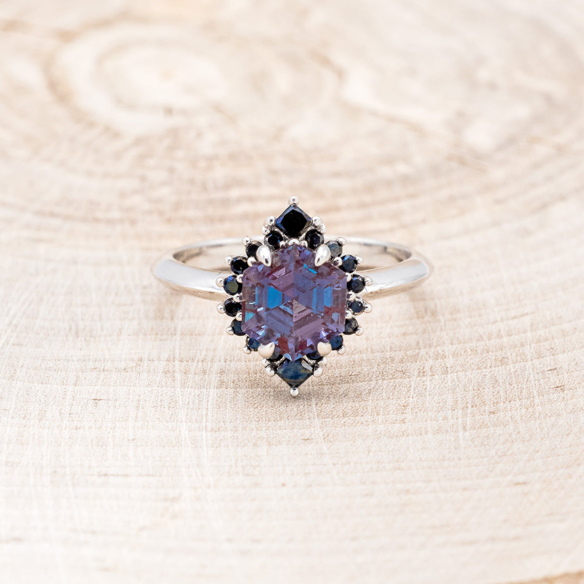 "NEREZZA" - HEXAGON CUT LAB-GROWN ALEXANDRITE ENGAGEMENT RING WITH A BLACK DIAMOND HALO-4