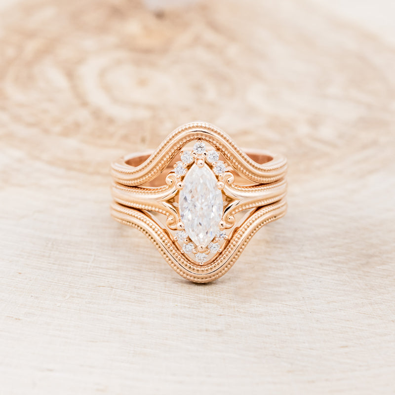 "FRANCESCA" - BRIDAL SUITE - MARQUISE MOISSANITE ENGAGEMENT RING WITH DIAMOND ACCENTS & TRACERS - 14K ROSE GOLD - SIZE 7