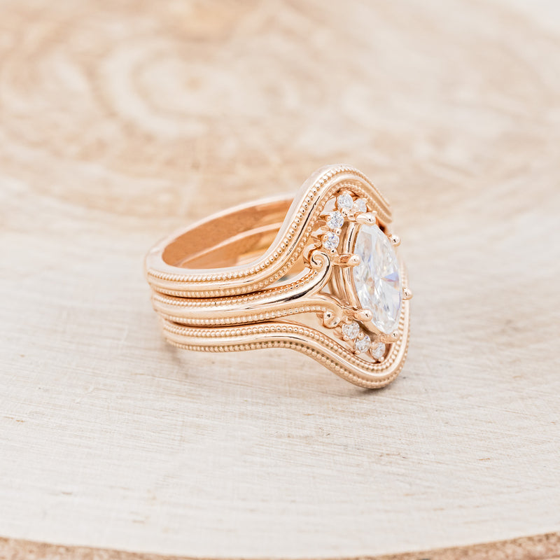 "FRANCESCA" - BRIDAL SUITE - MARQUISE MOISSANITE ENGAGEMENT RING WITH DIAMOND ACCENTS & TRACERS - 14K ROSE GOLD - SIZE 7