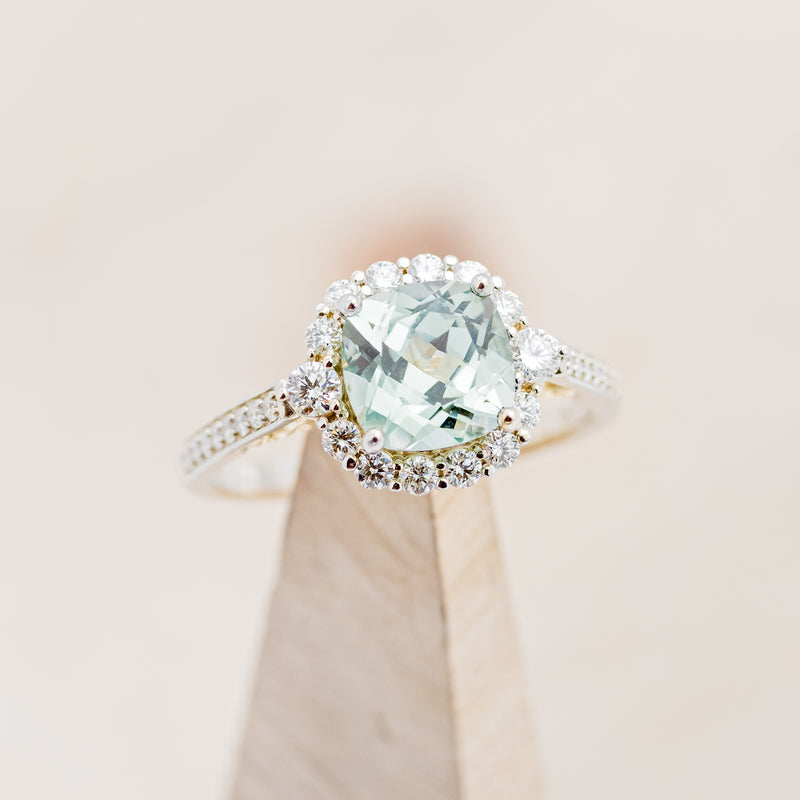 "OPHELIA" - CUSHION CUT LAB-GROWN GREEN SAPPHIRE ENGAGEMENT RING WITH DIAMOND HALO & ACCENTS