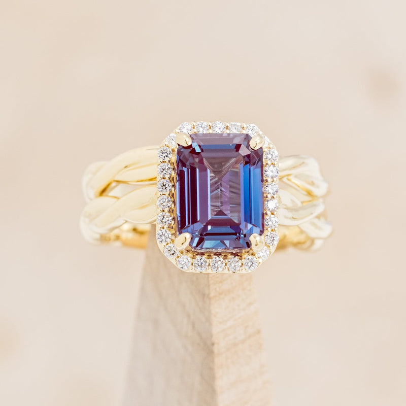 "EVERLEIGH" - EMERALD CUT LAB-GROWN ALEXANDRITE WEDDING BAND SET WITH DIAMOND HALO & TWISTED STACKING BAND-1