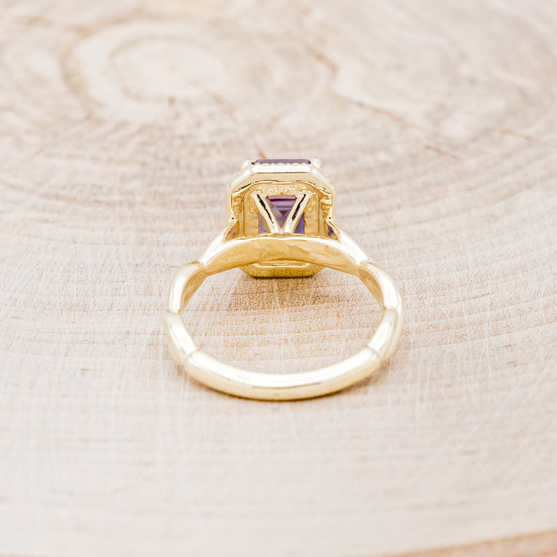 "EVERLEIGH" - EMERALD CUT LAB-GROWN ALEXANDRITE WEDDING BAND SET WITH DIAMOND HALO & TWISTED STACKING BAND-11