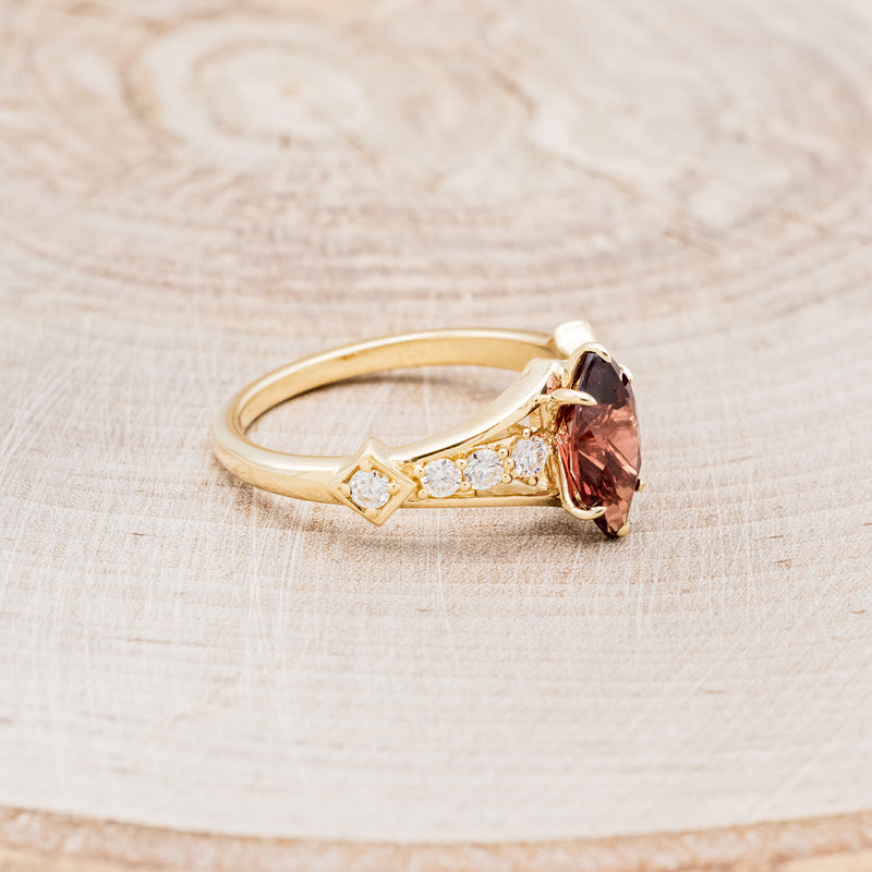 "PERSEPHONE" - BRIDAL SUITE - MARQUISE-CUT MOZAMBIQUE GARNET ENGAGEMENT RING WITH DIAMOND ACCENTS & TWO DIAMOND TRACERS