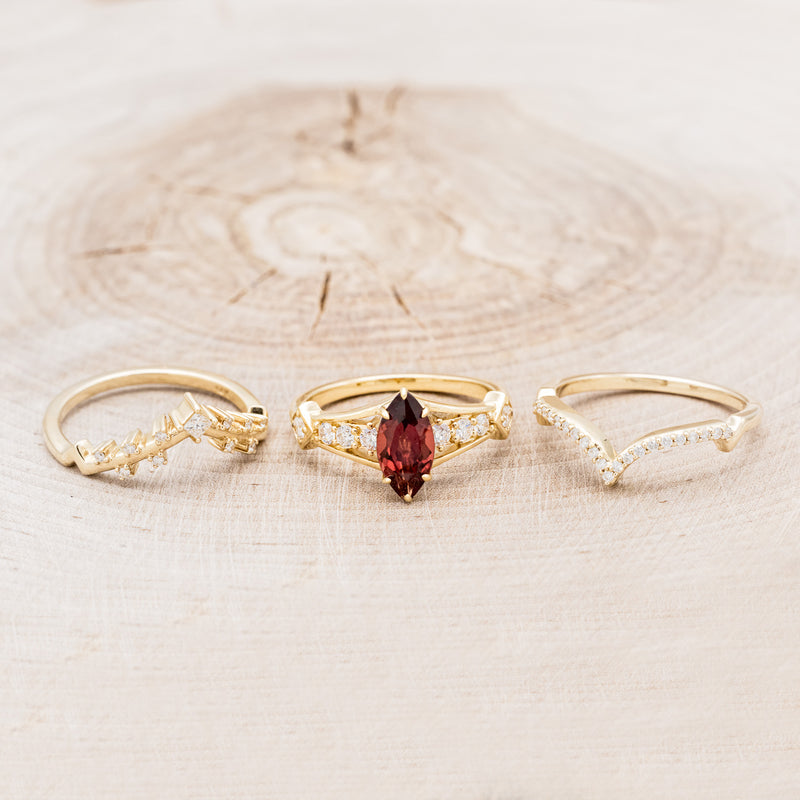 "PERSEPHONE" - BRIDAL SUITE - MARQUISE-CUT MOZAMBIQUE GARNET ENGAGEMENT RING WITH DIAMOND ACCENTS & TWO DIAMOND TRACERS-6